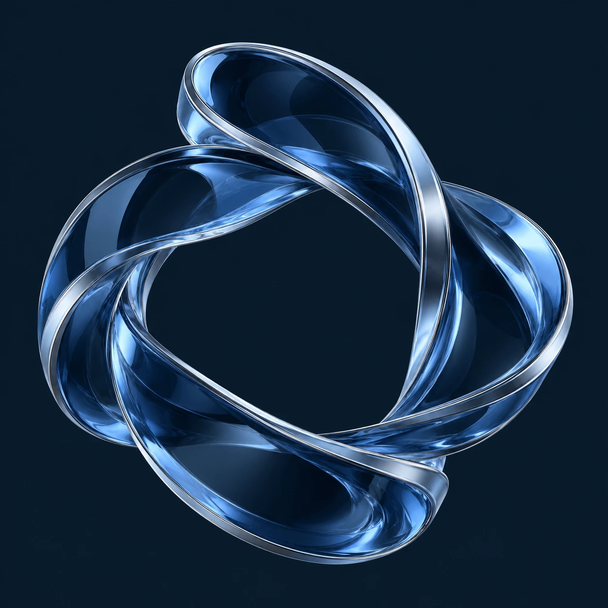 Three flowing blue glass ribbons connected into a single continuous loop